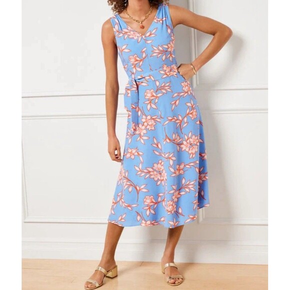 Talbots Dress Size 16 WP Petite Sleeveless Tie Belt Blue Floral Hibiscus NWT - Picture 2 of 11